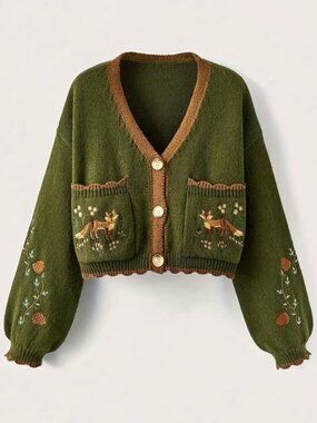 Button Up Fox Nature Army Green Cardigan With Pockets